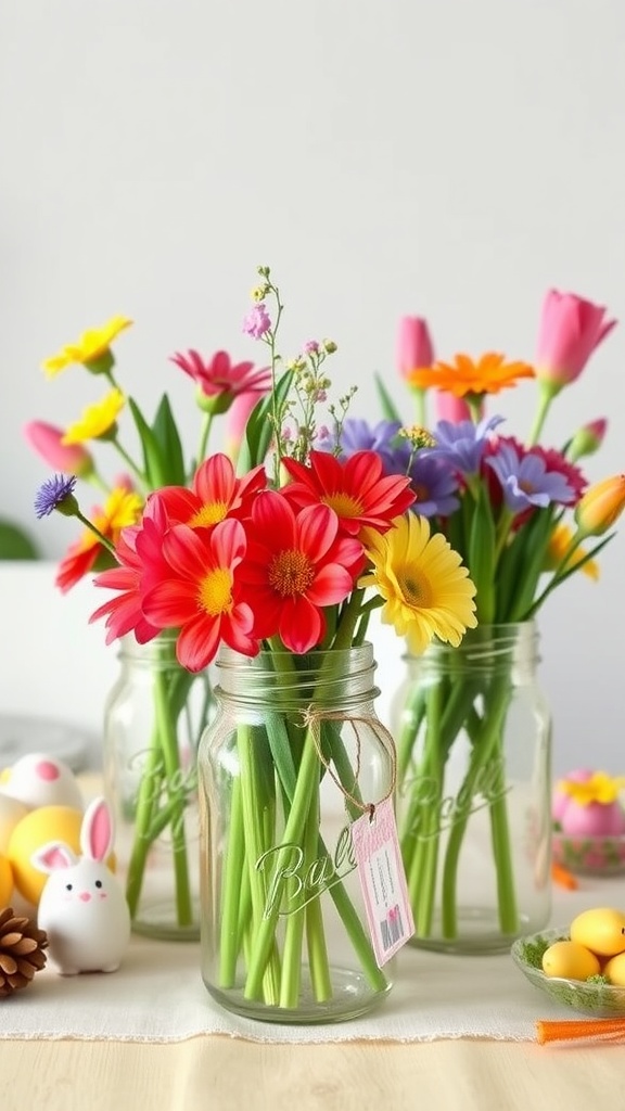 Colorful Mason jars filled with spring flowers for Easter decoration