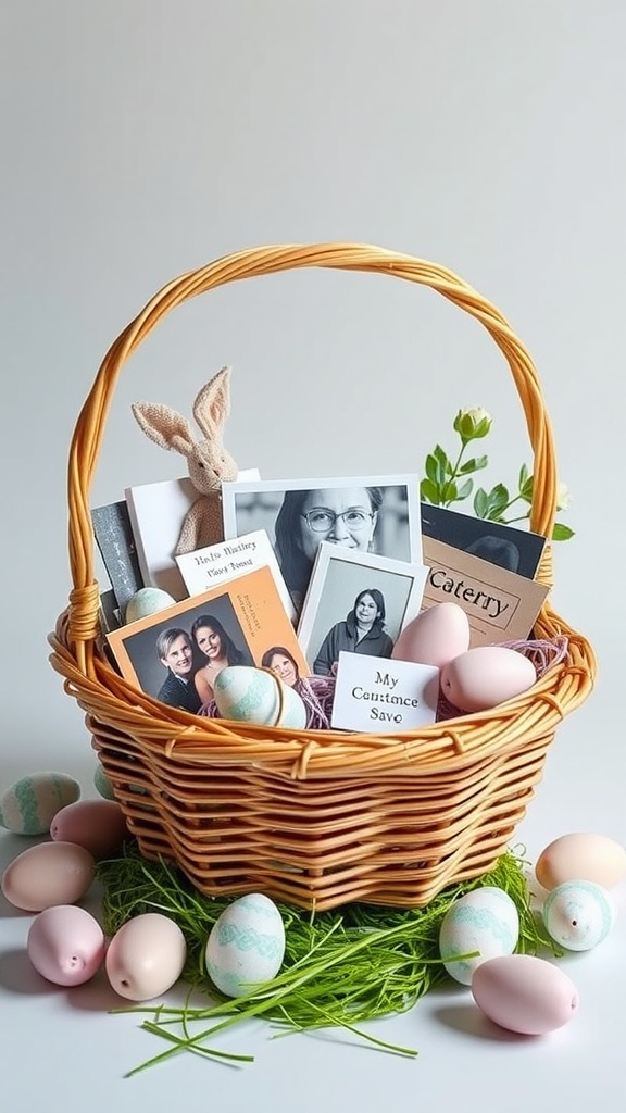 A wicker basket filled with framed photos, pastel eggs, and a cute bunny figurine for Easter.