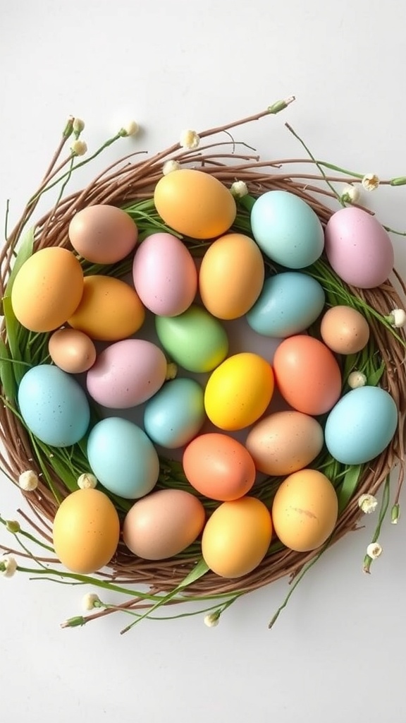 A colorful Easter egg wreath made of various pastel-colored mini eggs and green foliage.