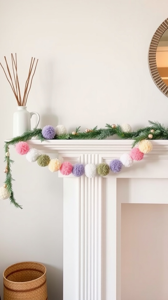 A Mini Pom-Pom Garland with pastel colors displayed on a mantel, surrounded by greenery