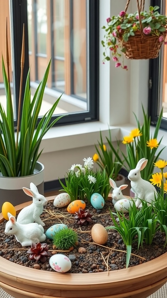 A miniature garden display with white bunny figurines, colorful Easter eggs, and plants, set in a cozy living room.