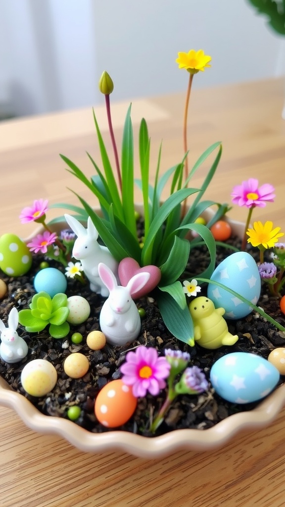 A colorful miniature garden scene featuring bunnies, flowers, and decorative eggs, perfect for Easter.