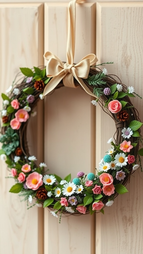 A miniature garden wreath decorated with colorful flowers and greenery, topped with a bow.