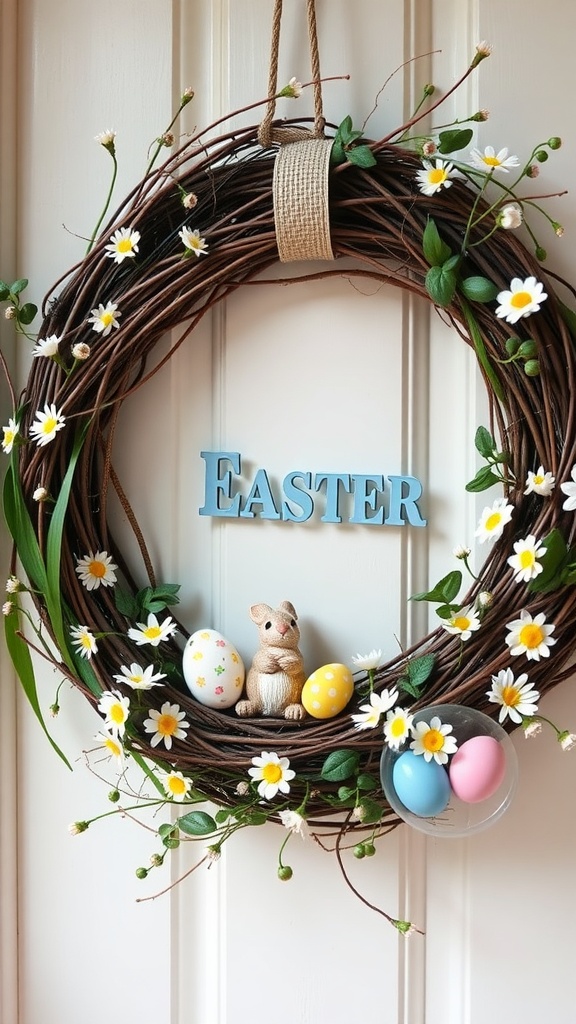 A beautiful Easter wreath with daisies, colorful eggs, and a bunny figurine.