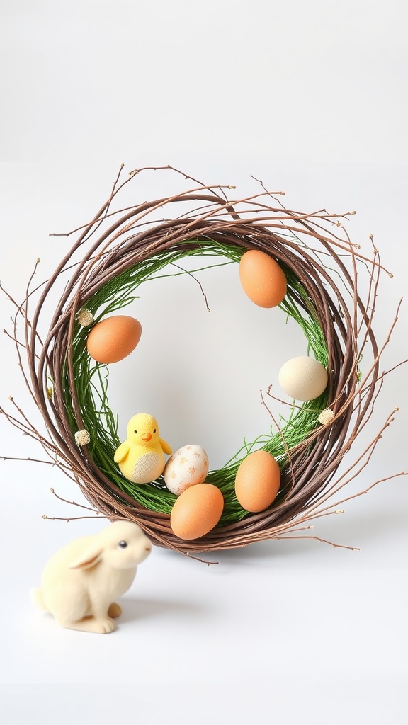 A decorative Easter wreath with twigs, green grass, pastel eggs, a chick, and a bunny.