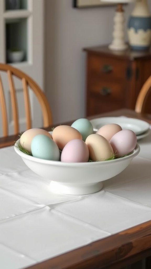 A minimalist Easter egg centerpiece featuring pastel-colored eggs in a white bowl on a table.