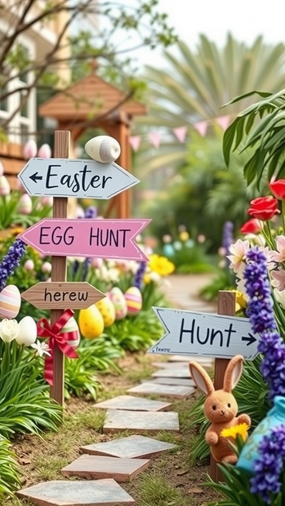 Decorative wooden signs for an Easter egg hunt, surrounded by colorful flowers and Easter eggs.