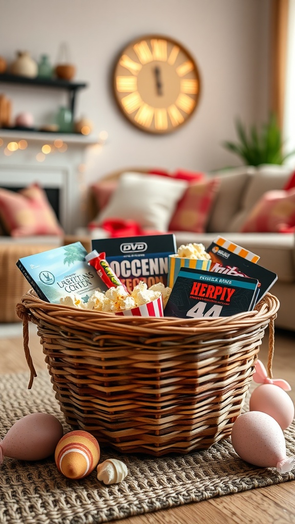 A wicker basket filled with DVDs, popcorn, and colorful eggs, set in a cozy living room