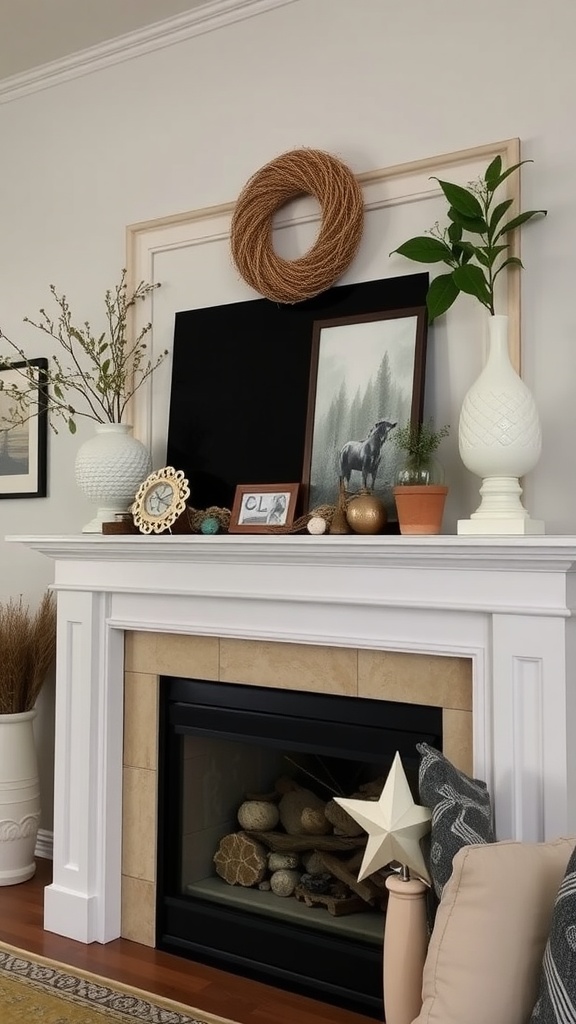 A stylish fireplace mantel decorated with various items including a wreath, vases, and framed pictures.