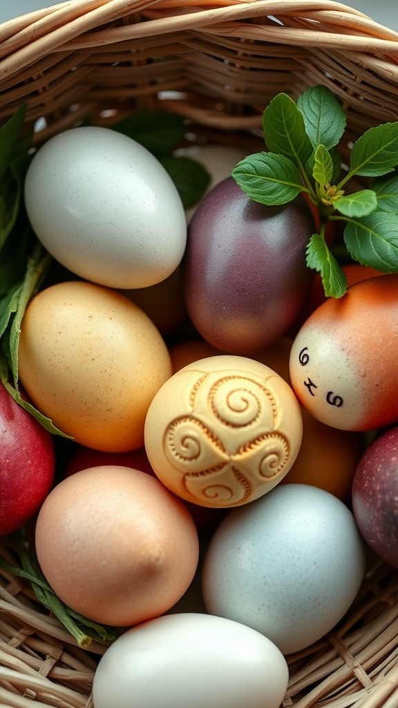 A basket filled with colorful dyed Easter eggs, showcasing various natural dye techniques.