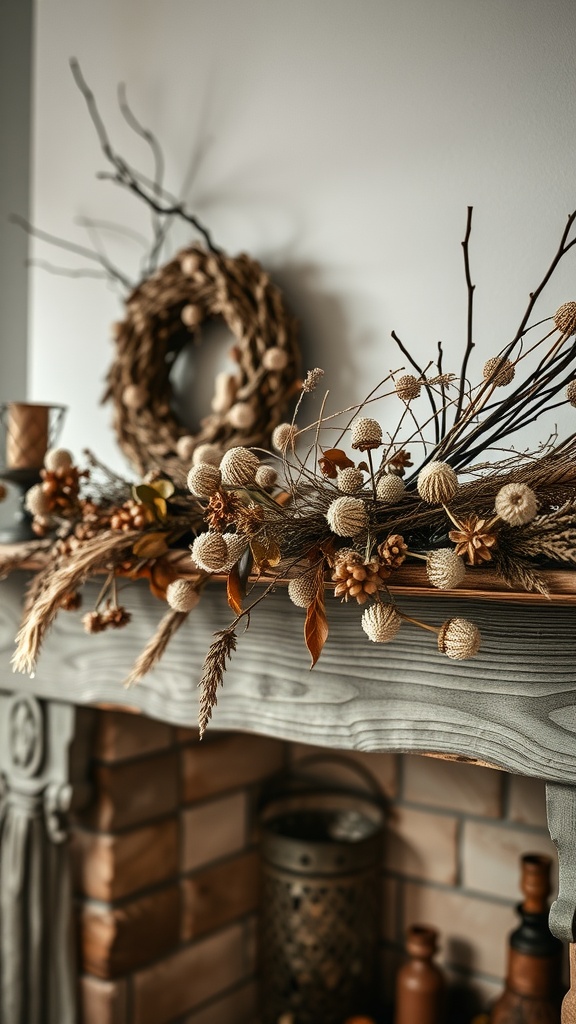 A natural element garland made of dried flowers and branches on a wooden mantel, with a wreath in the background.