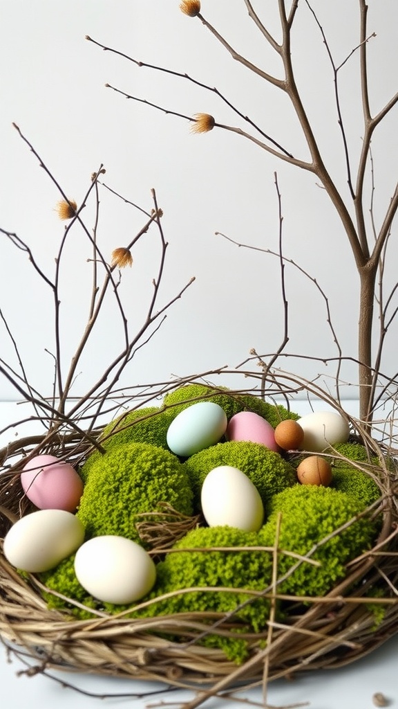 A decorative nest with pastel eggs and green moss, featuring twigs and branches.