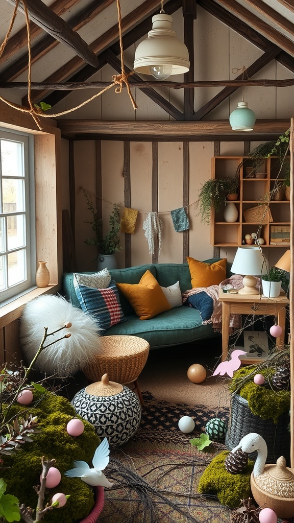 A cozy room decorated for Easter with natural elements and playful decor.