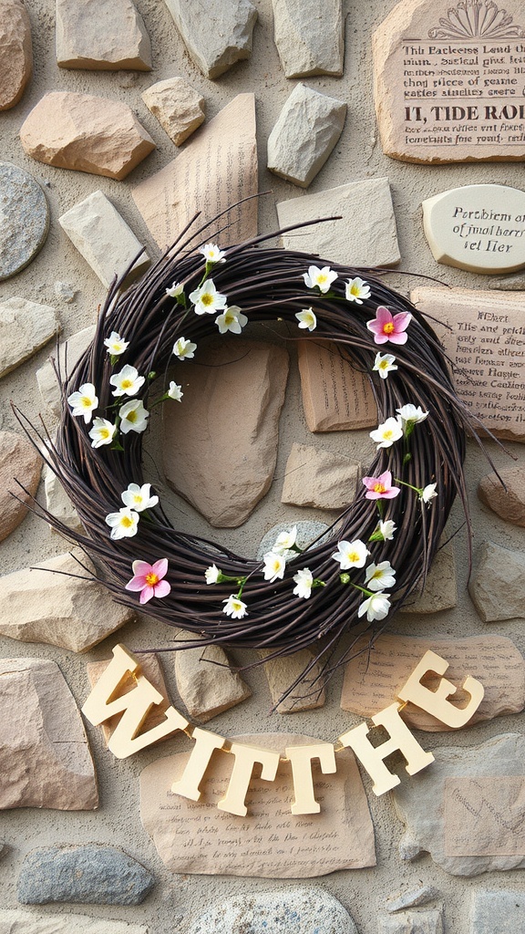 A natural twig and flower wreath hanging on a wall with letters spelling 'WITHE'.