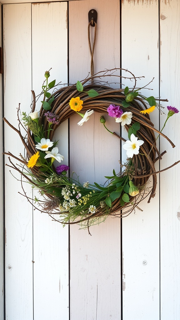 A lovely wreath made of natural twigs and colorful flowers, hanging on a wooden door.