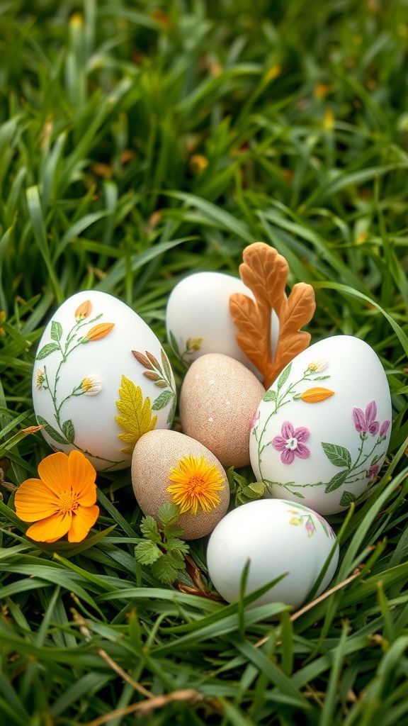 Decorated Easter eggs with flowers on grass