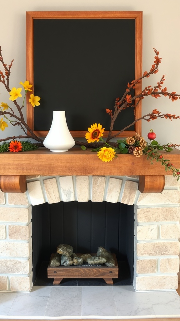 A cozy fireplace mantel decorated with spring flowers and natural elements.