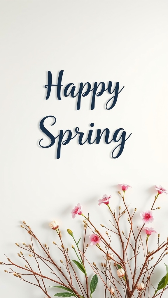 Nature-inspired wall decor featuring the words 'Happy Spring' in dark color on a light wall, accompanied by blossoming branches.