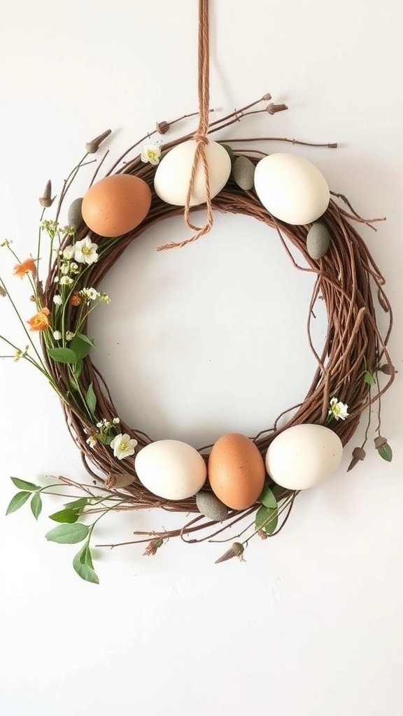 A nature-inspired egg wreath with twigs, eggs, and flowers.