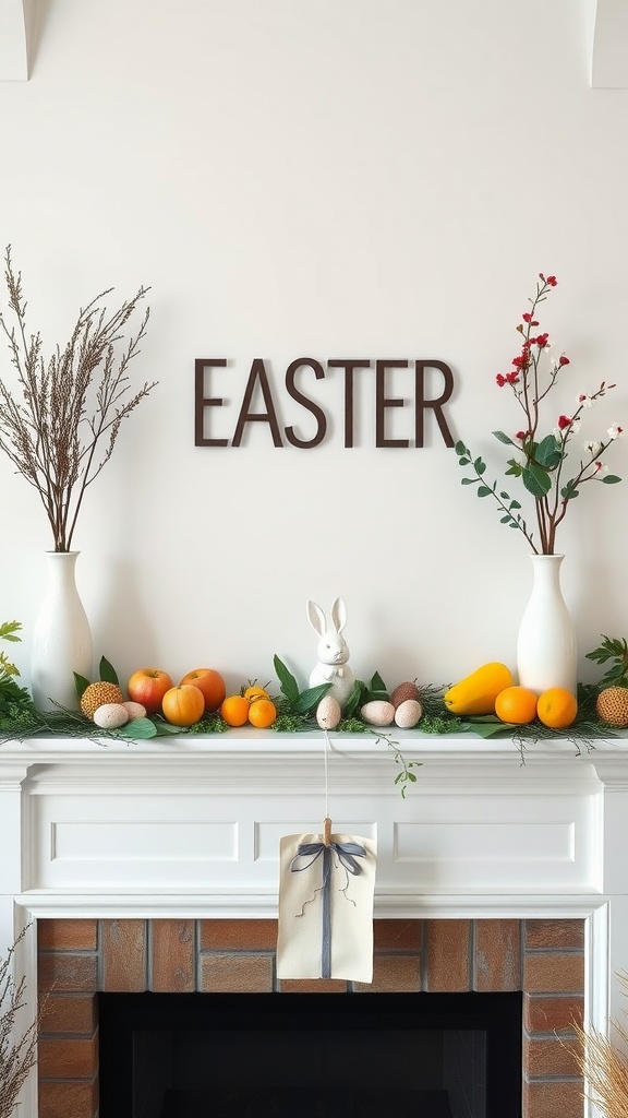 A fireplace mantel decorated for Easter with fruits, flowers, and a bunny figurine.