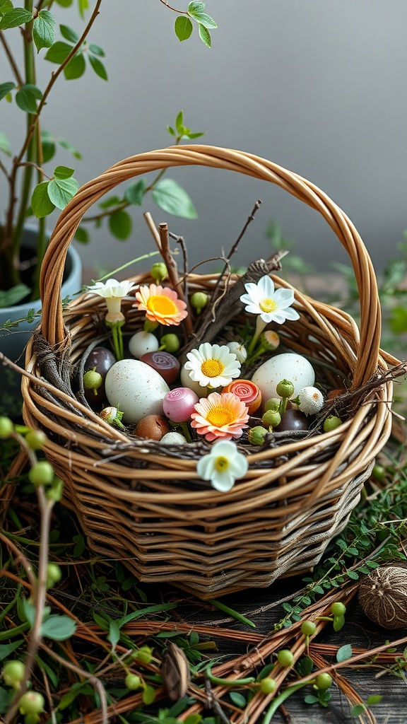 A woven basket filled with colorful eggs and artificial flowers surrounded by greenery.