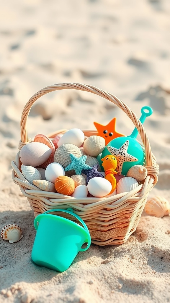 A wicker basket filled with seashells, plastic eggs, and ocean-themed toys, sitting on sandy beach.