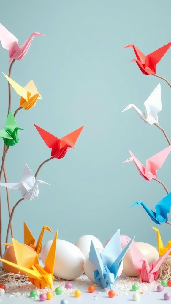 Colorful origami cranes on branches with white eggs and candy decorations for Easter