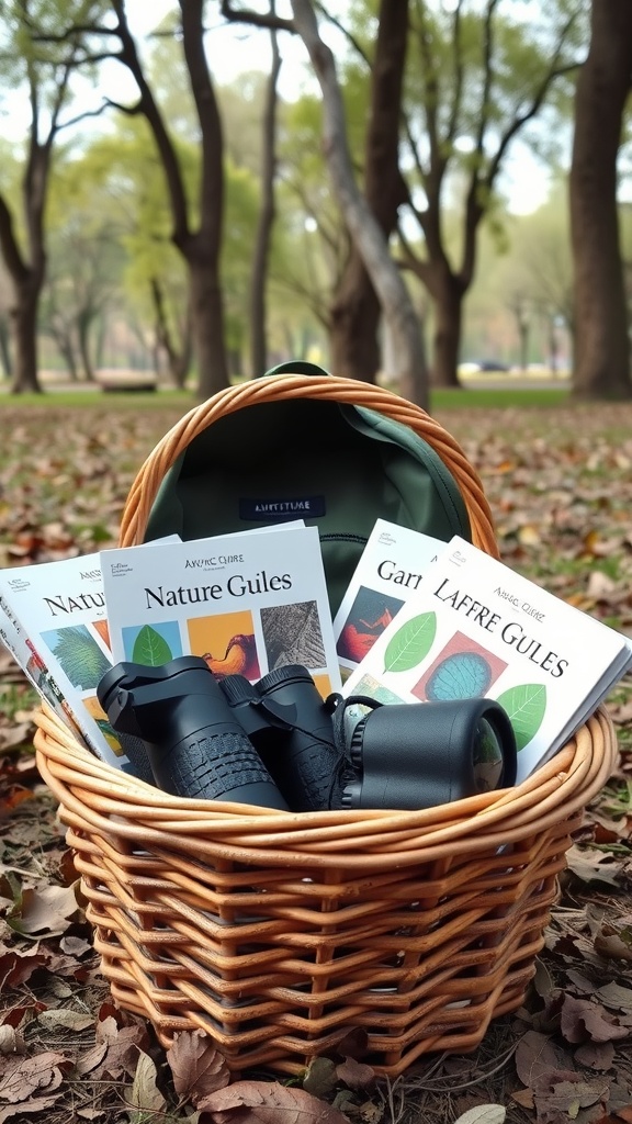 A wicker basket filled with binoculars and nature guidebooks, set in a park with trees.