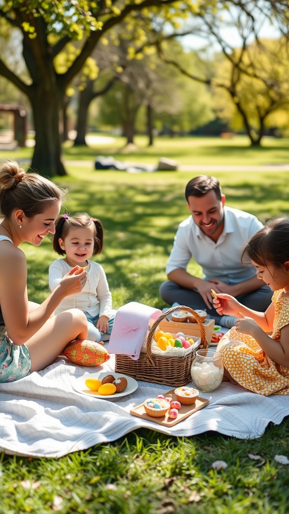 A family enjoying a picnic on a grassy area, surrounded by trees, with Easter-themed snacks and treats.