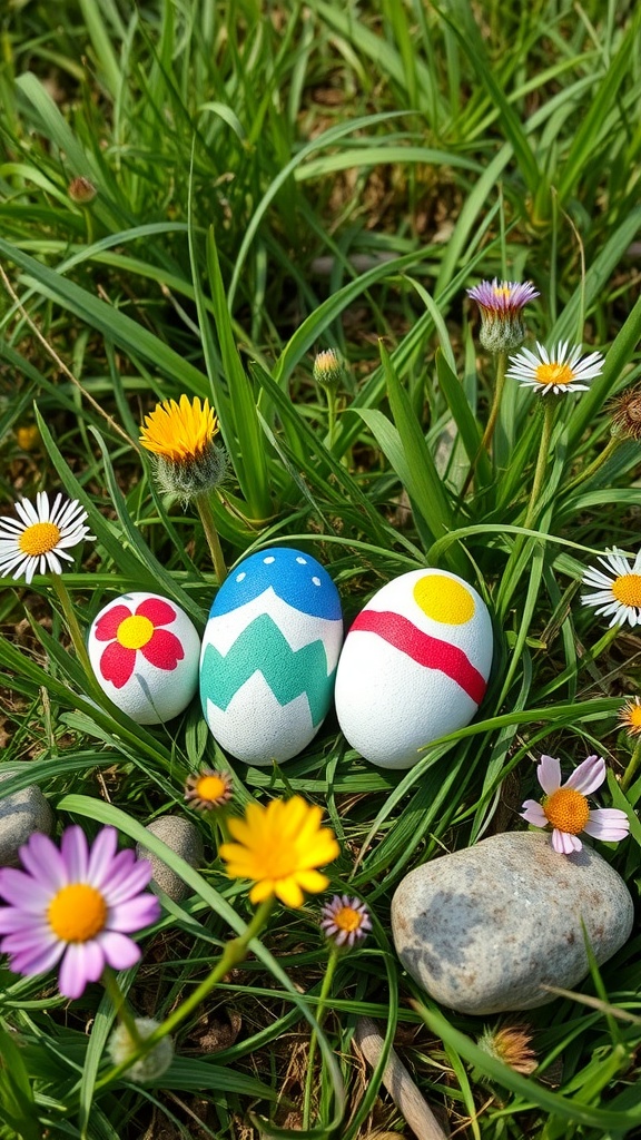 Colorful painted eggs in grass with flowers