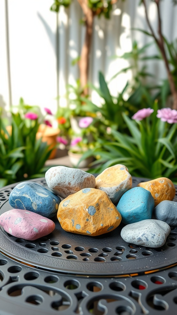 A collection of painted rocks in various colors placed on a black decorative table.