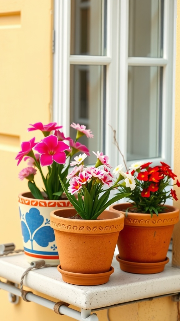 Colorful painted terracotta pots filled with flowers on a windowsill