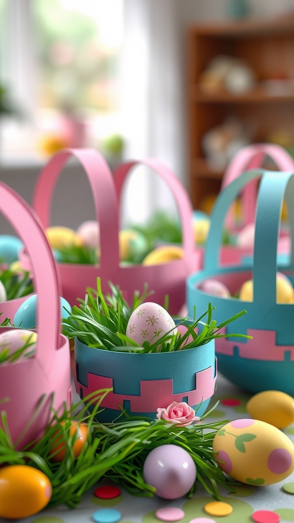 Colorful paper mache Easter baskets filled with eggs and grass