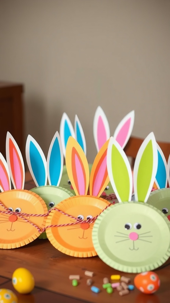 Colorful paper plate bunnies with big ears and playful faces on a table