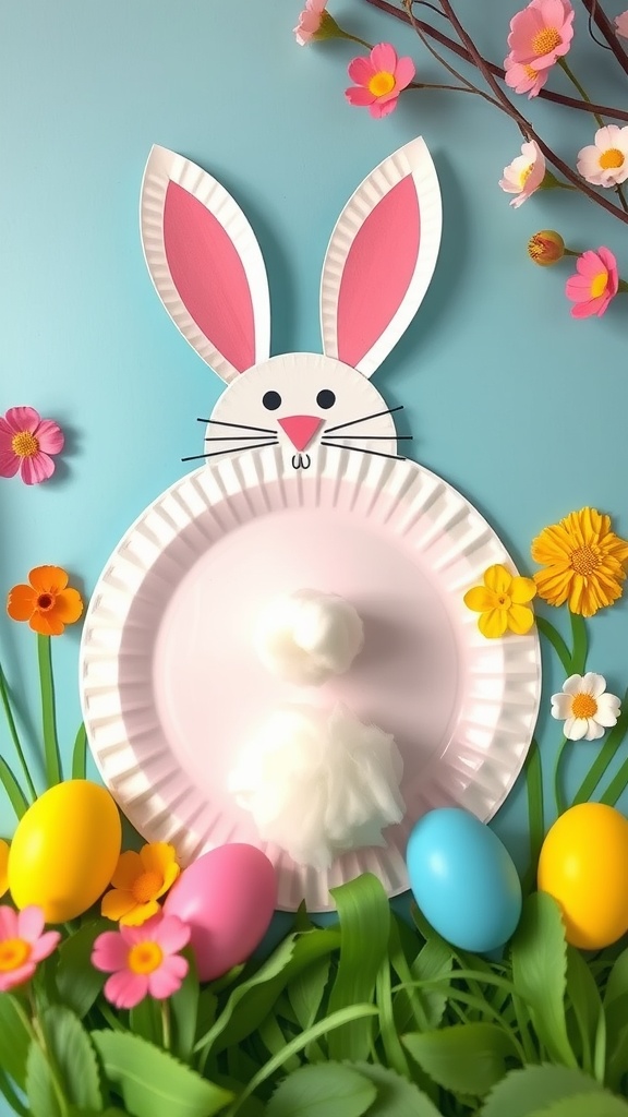 A crafted paper plate bunny with pink ears and cotton balls, surrounded by colorful Easter eggs and flowers.