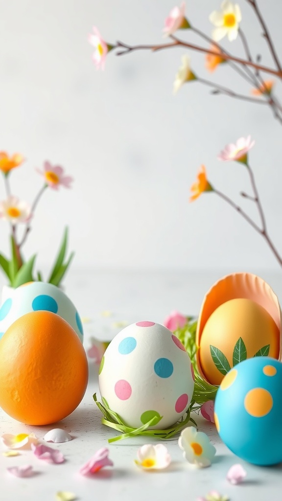 Colorful paper plate Easter eggs decorated with polka dots and surrounded by flowers