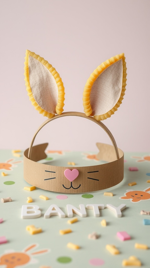 A headband with bunny ears made from pasta shells, featuring a cute face and colorful decorations.