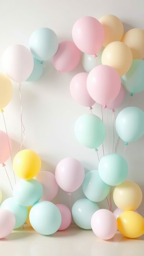 An arrangement of pastel balloons in mint green, pink, and yellow on a white background.