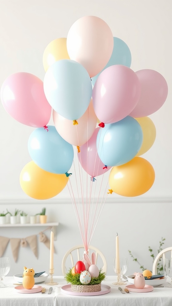 A pastel balloon bouquet with various colors above an Easter-themed table centerpiece featuring eggs and bunny decorations.