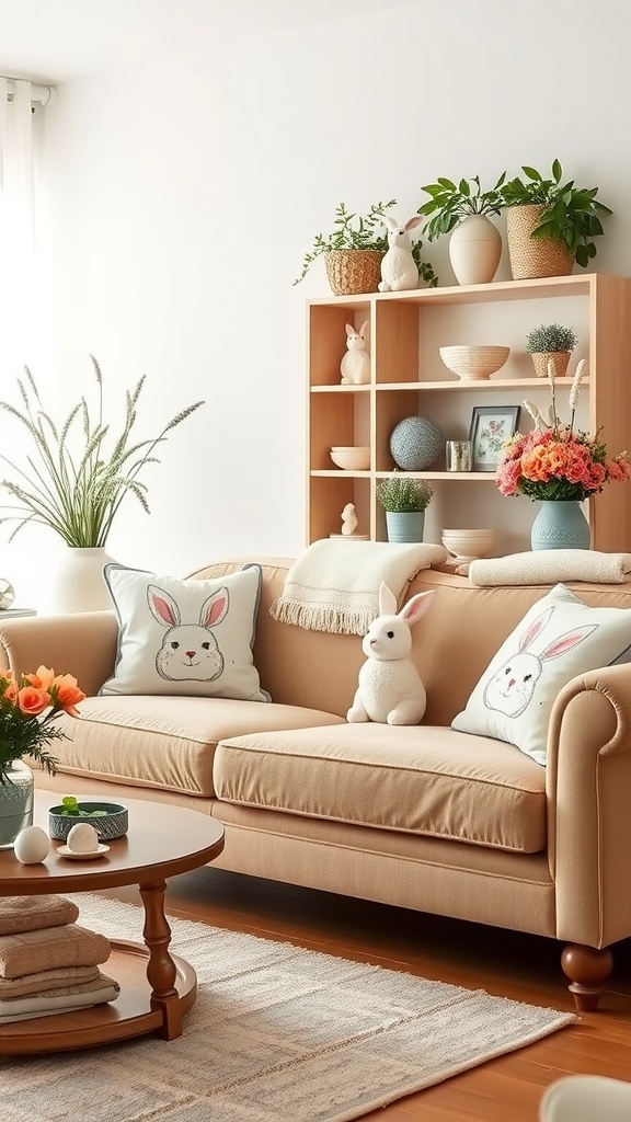 A cozy living room decorated with pastel bunny accents, featuring a beige couch with bunny pillows and decorative bunnies on the shelves.