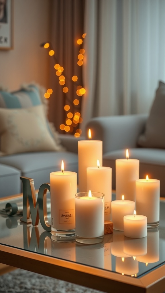 A cozy living room scene featuring pastel candles on a coffee table with a warm ambiance.