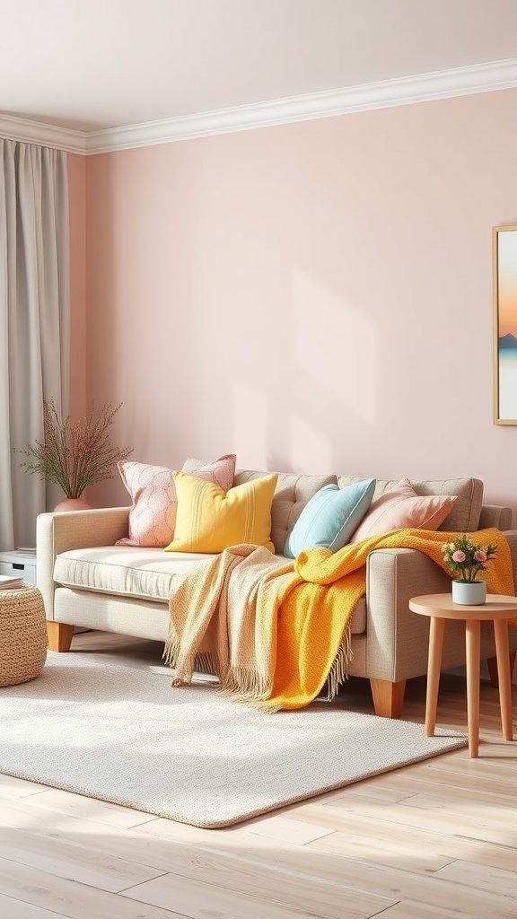 A cozy living room with pastel colored decor, including a beige sofa with colorful throw pillows and a soft throw blanket, set against light pink walls.