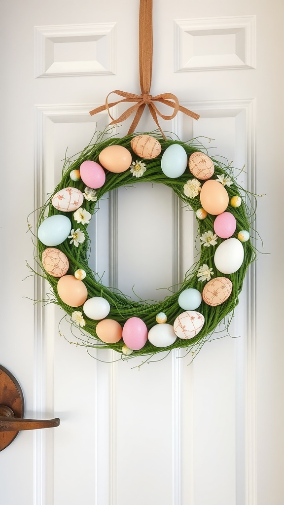 A pastel Easter egg wreath with pink, blue, and yellow eggs and green foliage, hanging on a door.