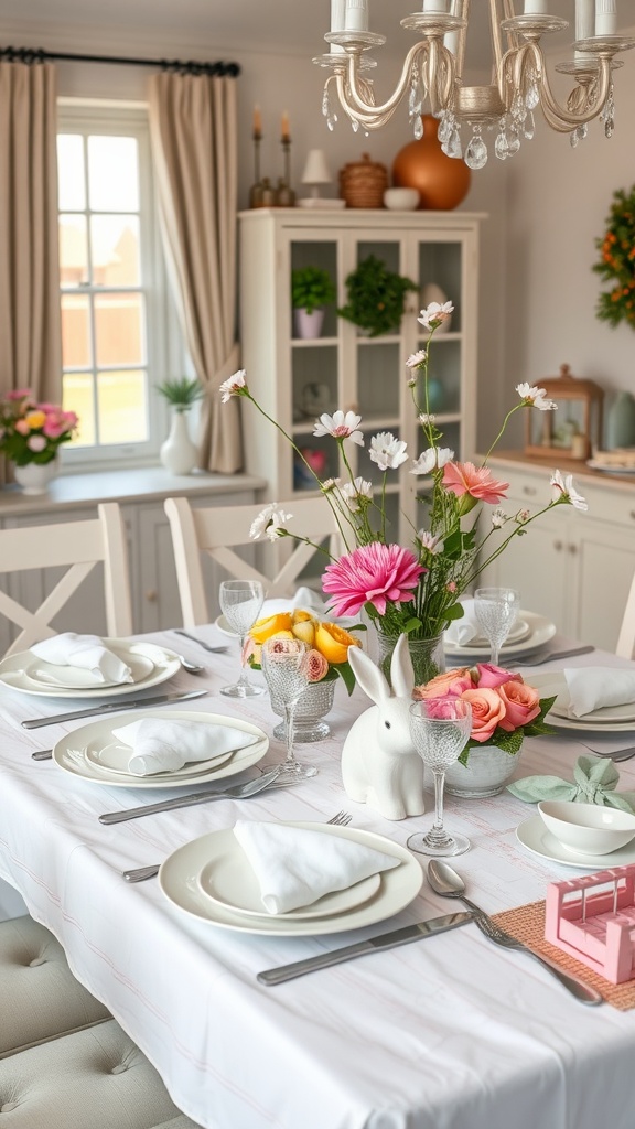 A beautifully set dining table with pastel colors, featuring flowers, plates, and a bunny figurine.