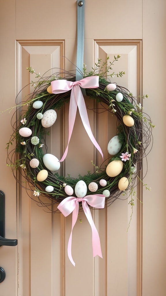 A pastel-colored Easter wreath with decorative eggs and a pink bow, hanging on a door.