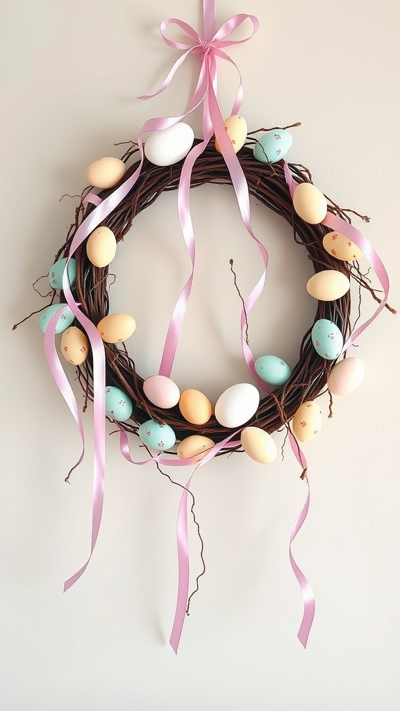 Pastel egg garland wreath with ribbons