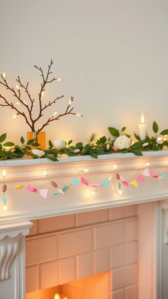 Pastel paper chain decoration on a mantel with lights and greenery