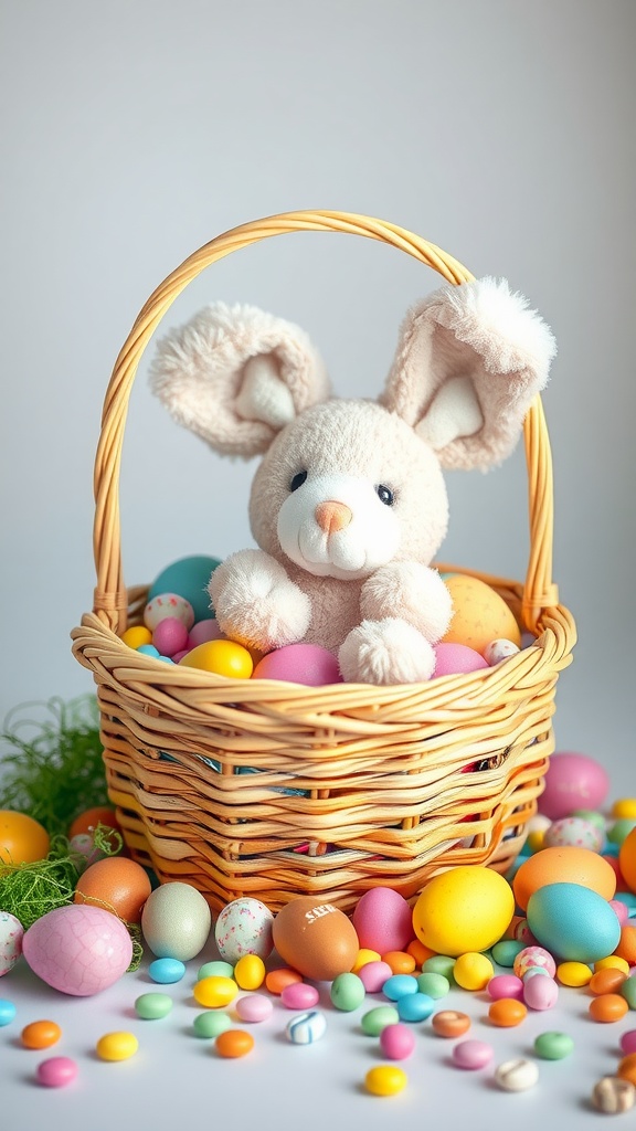 A pastel rainbow Easter basket filled with colorful eggs and a plush bunny.