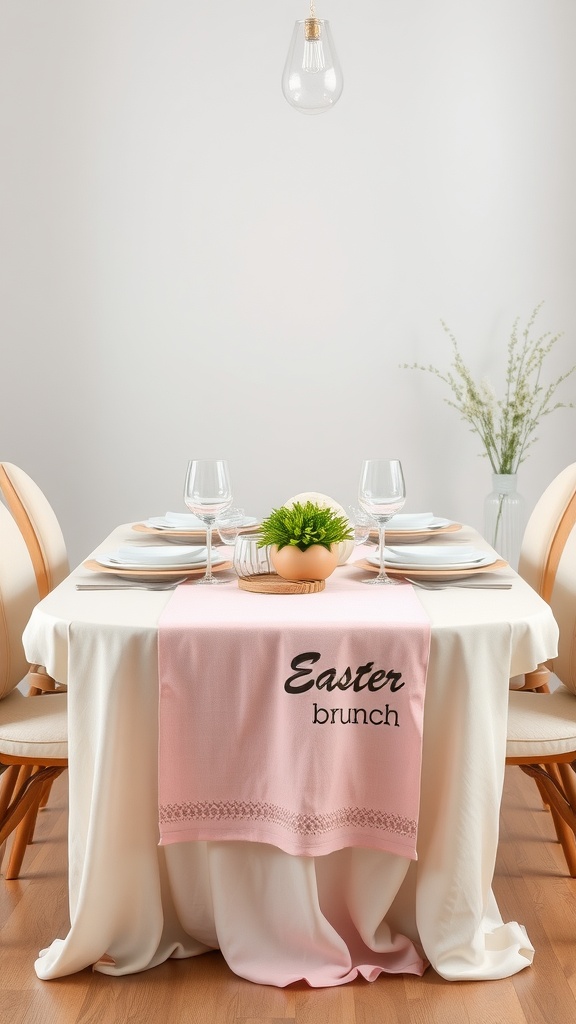 A beautifully set dining table with a pastel pink table runner, featuring elegant glassware and a small decorative egg.