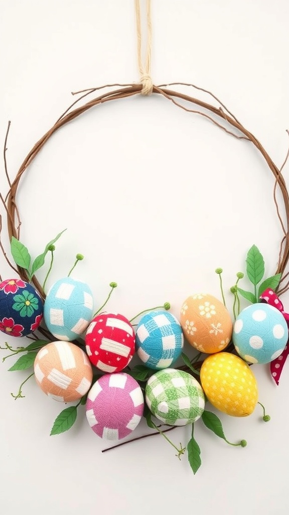 A colorful patchwork egg wreath featuring various patterned eggs and greenery.